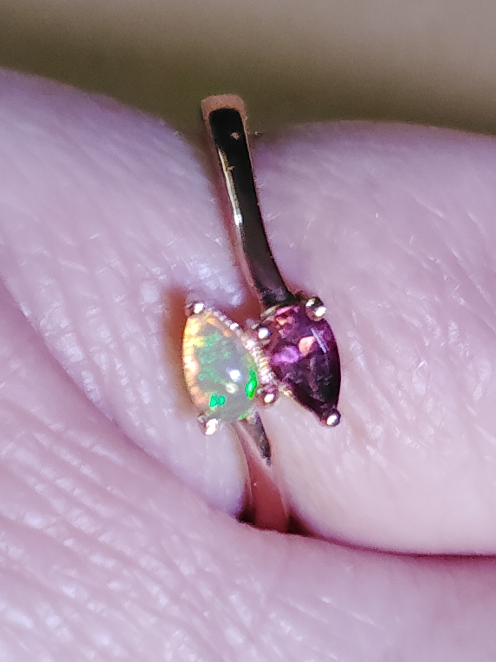 WELO OPAL AND RUBELITE BYPASS STERLING.WITH- 14K- OVERLAY. SIZE 6